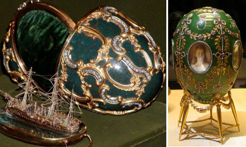 Izquierda: Memoria del huevo de Azov (1891) en la Armería del Kremlin de Moscú. Derecha: Faberge Egg "Alexander Palace"