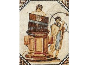 Cornu (right) and water pipe organ (left) (hydraulis) on a mosaic from Nennig, Germany