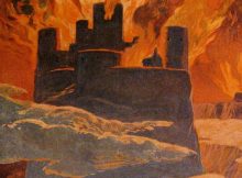 A scene from the last phase of Ragnarök, after Surtr has engulfed the world with fire. The surrounding text implies that this is Ásgarðr (Asgard) burning.