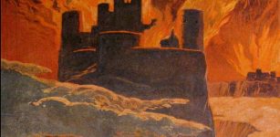 A scene from the last phase of Ragnarök, after Surtr has engulfed the world with fire. The surrounding text implies that this is Ásgarðr (Asgard) burning.