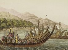 1827 depiction of Tahitian pahi double-hulled war canoes