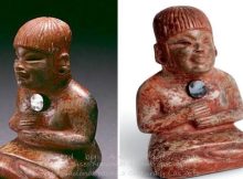 Mysterious Figurine Of Seated Olmec Woman With Polished Hematite Disk