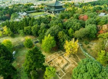 The site of Toto (east pagoda) at Todaiji temple in Nara, with the Great Buddha Hall visible in the background (Photo by the Nara National Research Institute for Cultural Properties and Yamaha Motor Co.; provided by Todaiji)