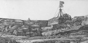 Fort at Kannur (St. Angelo Fort) in Southern India - Pen-and-ink drawing of the fort at Kannur by Thomas Cussans (1796-1870). credits: wikipedia