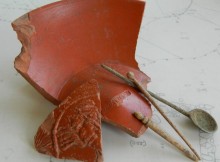 Some of the Roman artefacts discovered during the excavation – fine Samian table wares, bone hairpins and a copper spoon. Credits: University of Leicester