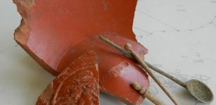 Some of the Roman artefacts discovered during the excavation – fine Samian table wares, bone hairpins and a copper spoon. Credits: University of Leicester