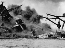 A U.S. battleship sinks during the Japanese attack on Pearl Harbor, Hawaii, in 1941. National Archives, Washington, D.C.