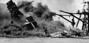 A U.S. battleship sinks during the Japanese attack on Pearl Harbor, Hawaii, in 1941. National Archives, Washington, D.C.