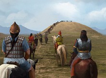 Artist's impression of how a Scythian funeral process may have looked like. A typical Scythian burial mound (or kurgan) is visible in the background. credits: ancient.eu.