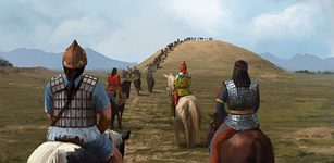 Artist's impression of how a Scythian funeral process may have looked like. A typical Scythian burial mound (or kurgan) is visible in the background. credits: ancient.eu.