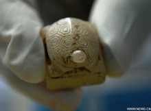 A turtle-shaped jade stamp unearthed from the tomb in the Haihunhou (Marquis of Haihun) cemetery, east China's Jiangxi Province. Credits: new.cn/Xinhuanet