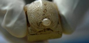 A turtle-shaped jade stamp unearthed from the tomb in the Haihunhou (Marquis of Haihun) cemetery, east China's Jiangxi Province. Credits: new.cn/Xinhuanet