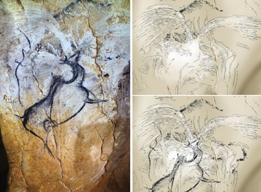 Spray-shaped drawings in an inner gallery of the Chauvet cave may depict a volcanic eruption. Left: general view; right: traced detail, with an overlaid charcoal painting of a giant deer species removed (lower right). D. Genty (left)/V. Feruglio/D. Baffier (right)/CC BY 4.0