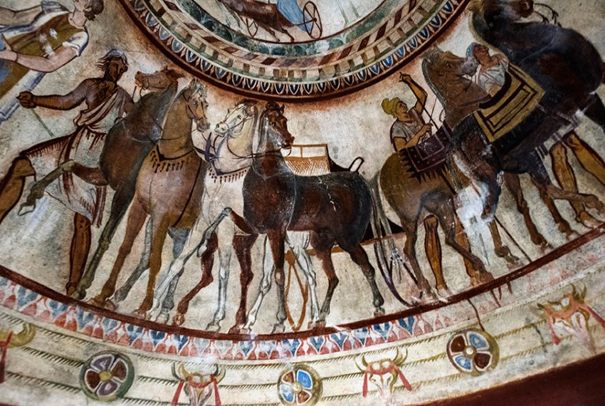 A mural in the burial chamber in a replica of the Thracian tomb of Kazanlak, dates back to the 4th century BC in the central Bulgarian town of Kazanlak. Photo credit: AFP/Dimitar Dilkoff.