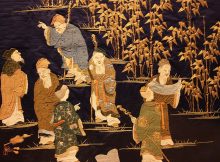 The Seven Sages of the Bamboo Grove embroidered on dark blue satin woven silk, 1860-1880. Image credit: Wikipedia