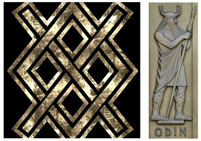 Left: Gungnir - Viking symbol; Right: Odin (1939). Library of Congress John Adams Building, Washington, D.C.