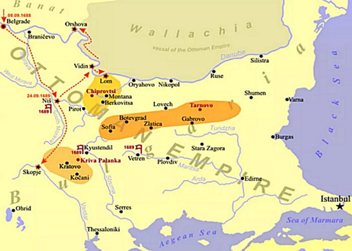 A map showing the region of the Chiprovtsi Uprising in 1688 in Northwest Bulgaria. Map: Wikipedia