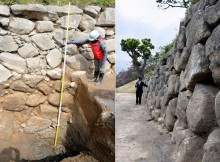 Left: A dig shows the stone wall of Okazaki Castle and a portion that was buried in Okazaki, Aichi Prefecture. (Provided by Okazaki’s education board); Right: A section of the stone wall around Okazaki Castle near the riverbed of Otogawa river (Go Kitaueda)