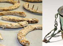 Left: World War One horseshoes © Crown Copyright / MOD2016; Right: This workbox was found in the grave of a woman on Ministry of Defence land in Bulford. © Wessex Archaeology