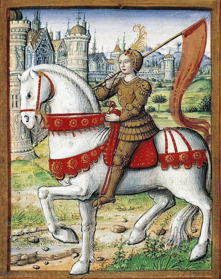 Joan of Arc depicted on horseback in an illustration from a 1504 manuscript.