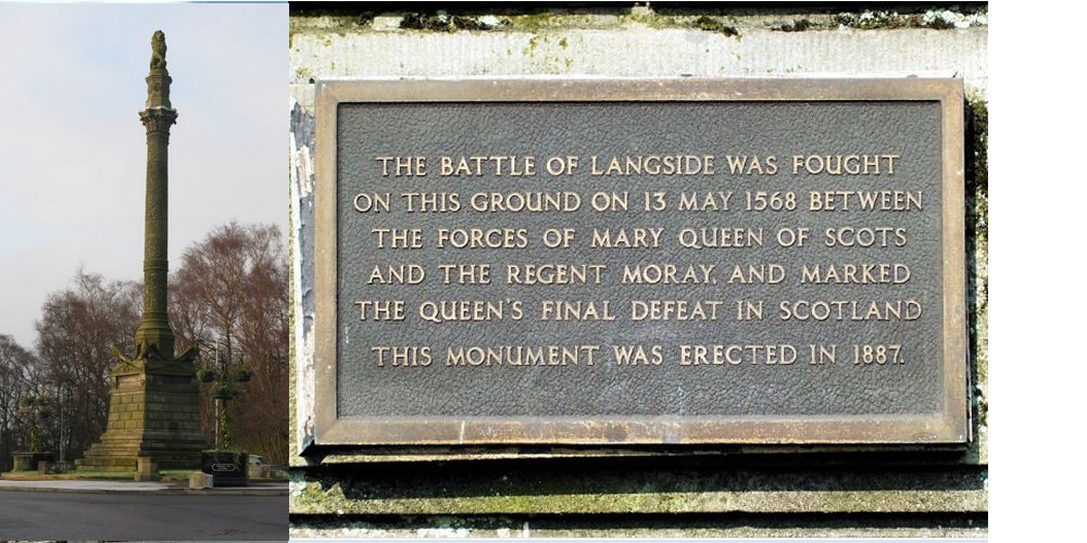Left: Battlefield Monument The Battlefield Monument was erected by public subscription in 1887 to commemorate the Battle of Langside on May 12, 1568. The monument was designed by the architect Alexander Skirving. Image credity: G Laird - CC BY-SA 2.0: Right: Plaque at monument devoted to the Battle of Langside. Photo via Scotcities.com