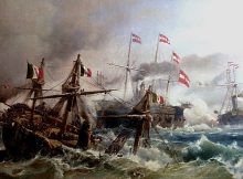 Lissa naval battle, July 20th,1866; the Austrian navy against the Italian fleet. The RN Re d'Italia is sinking after being rammed by Tegetthoff's flagship, the SMS Ferdinand Max.