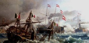 Lissa naval battle, July 20th,1866; the Austrian navy against the Italian fleet. The RN Re d'Italia is sinking after being rammed by Tegetthoff's flagship, the SMS Ferdinand Max.