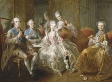 A family of French aristocrats enjoying hot chocolate ( The Family of the Duke of Penthièvre in 1768 , painting by Jean-Baptiste Charpentier le Vieux ).