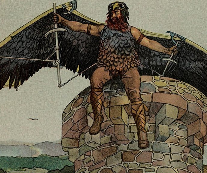 Wayland wearing his designed wings.