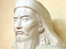 A bust of Genghis Khan adorns a wall in the presidential palace in Ulaanbaatar, Mongolia.