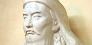 A bust of Genghis Khan adorns a wall in the presidential palace in Ulaanbaatar, Mongolia.