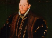 Portrait of Blessed Thomas Percy, 7th Earl of Northumberland (1528-1570, at full length, kneeling on a cushion, wearing a black doublet with a fur trimmed cloak, a white ruff and the Order of the Garter collar and garter, reading a prayer book.