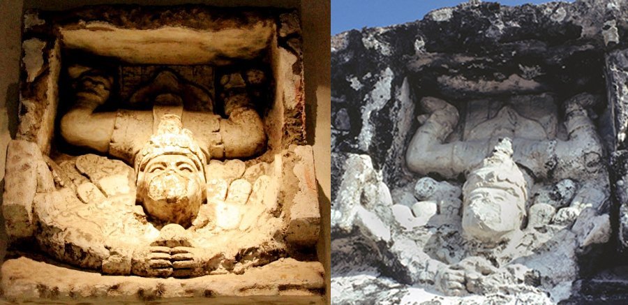 Diving or Descending God is depicted with the head in front, hanging arms and legs bent upwards in a lowered position, as if down from heaven. National Museum of Anthropology in Mexico City.