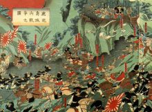 A painting depicting the Battle of Shiroyama, the final phase of Satsuma Rebellion, by Nagashima Mōsai (Utagawa Yoshitora), 1877.