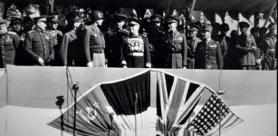 Berlin Victory Parade 1945. In the stands: US General George S. Patton, Marshal of the Soviet Union Zhukov, British Major General Brian Robertson and French General Pierre Kœnig.