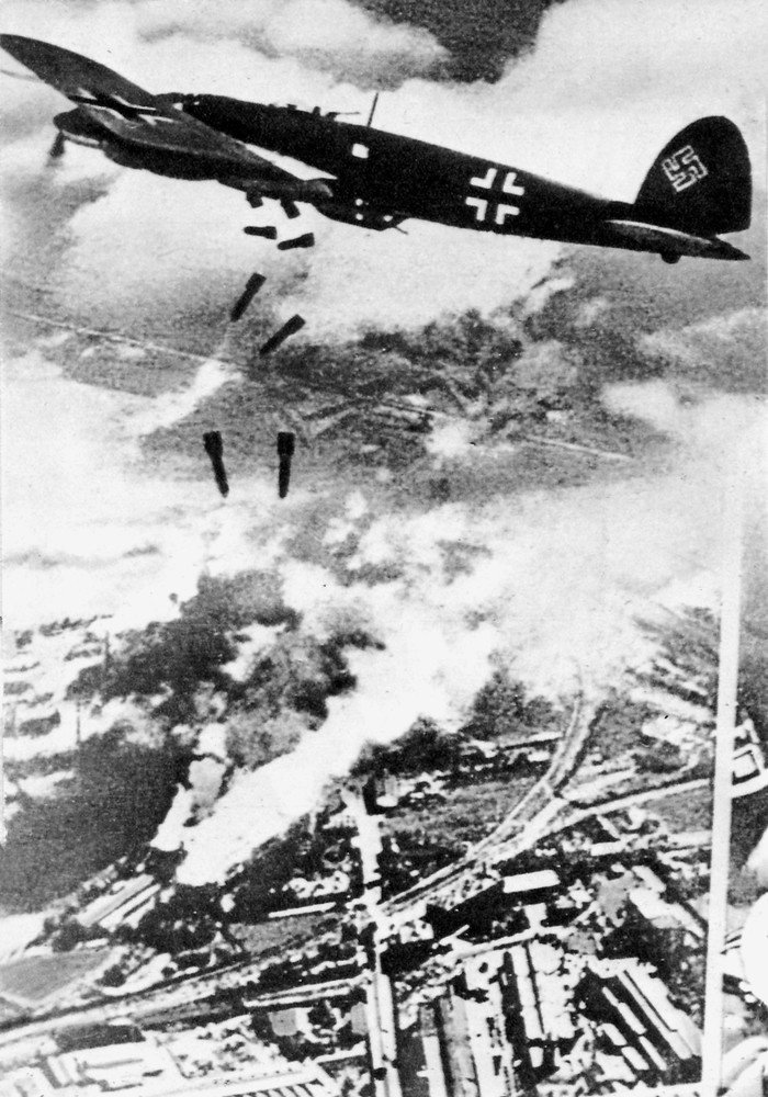 German Heinkel He 111 bombers drop bombs on Warsaw, September 1939.