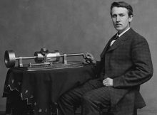 Photograph of Edison with his phonograph (2nd model), taken in Mathew Brady's Washington, D.C. studio in April 1878