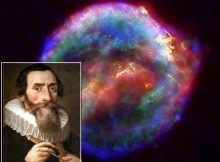 Johannes Kepler and A false-color composite (CXO/HST/Spitzer Space Telescope) image of the supernova remnant nebula from SN 1604. Credit: NASA/ESA/JHU/R. Sankrit & W. Blair