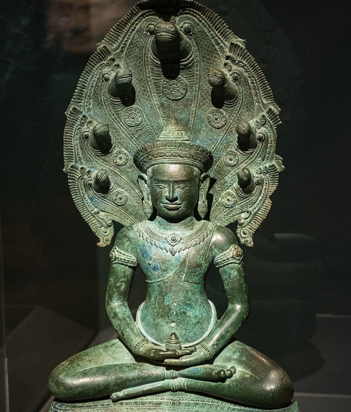 12th century Khmer bronze Naga-enthroned Buddha from Banteay Chhmar, Cambodia. Cleveland Museum of Art.