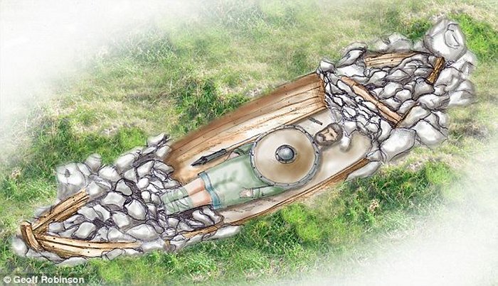 Pictured is a sketch of how the boat burial would have looked. Ships were a Viking's most prized possessions. If a high-born Viking did not die at sea he would be buried in a ship on land.