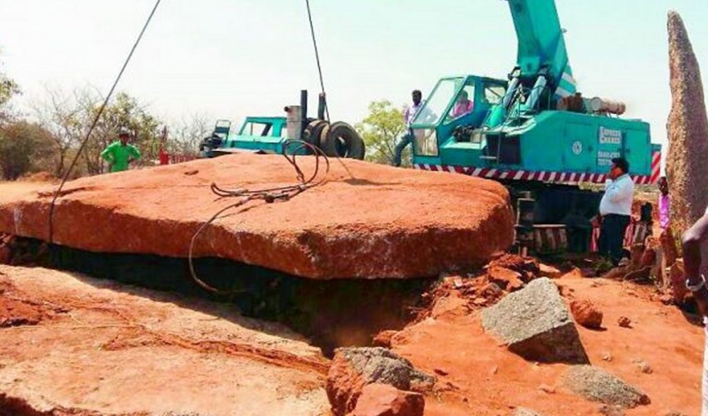 The crane from Hyderabad took four hours to lift the 40 ton capstone. Image: Deccan Chronicle