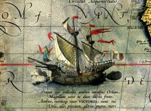 Victoria, the sole ship of Magellan's fleet to complete the circumnavigation. Detail from a map by Ortelius, 1590.