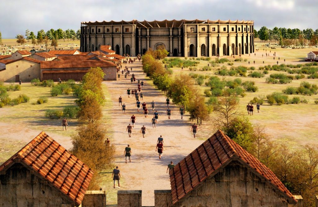 Taverns, amphitheater and gladiator school, view from the city wall of Carnuntum – visualization (c) LBI ArchPro, 7reasons