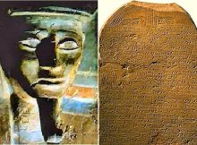 Left: Sarcophagus of Kamose, Cairo Egyptian Museum; Right: Kamose's second stela which records his victory against the Hyksos (Luxor Museum). Images via Wikipedia