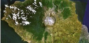 Tambora's 1815 eruption created a massive summit caldera.* Image: NASA