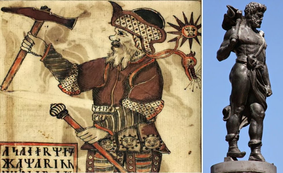 Left: Drawing of Thor, dated to 18th century, Iceland, Right: Statue of Thor In Stockholm, Sweden