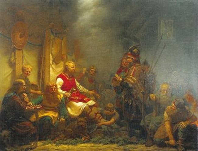 1857 painting by August Malmström depicting King Aella's messenger before Ragnar Lodbrok's sons.