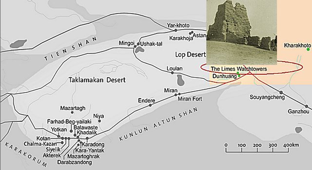Location of the Limes Watchtowers, Sir Marc Aurel Stein' region of exploration.