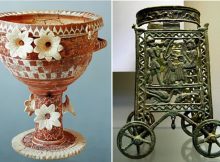 Left: Kamares crater banquet vessel with decorative lillies. Phaistos. Old-Palace period (1800-1700 BC); Right: Minoan bronze stand, c.1400BC Cyprus, exhibited at The British Museum.