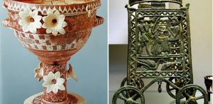 Left: Kamares crater banquet vessel with decorative lillies. Phaistos. Old-Palace period (1800-1700 BC); Right: Minoan bronze stand, c.1400BC Cyprus, exhibited at The British Museum.